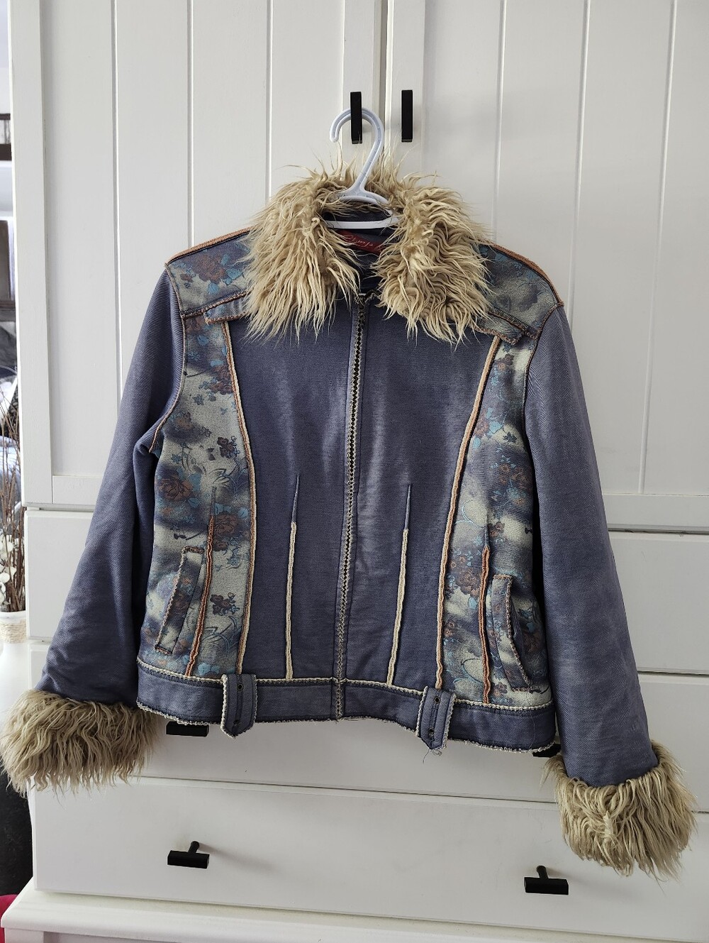 Faux Fur-Trim Blue Floral Panel Women's Jacket Sz S/M